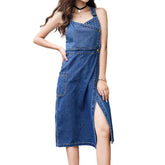 Vestido vaquero sin mangas con abertura